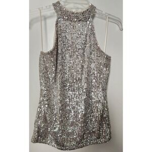 Cable & Gauge Beige‎ Sequin Sleeveless Halter Neck Top Small NWT Stretch Lined
